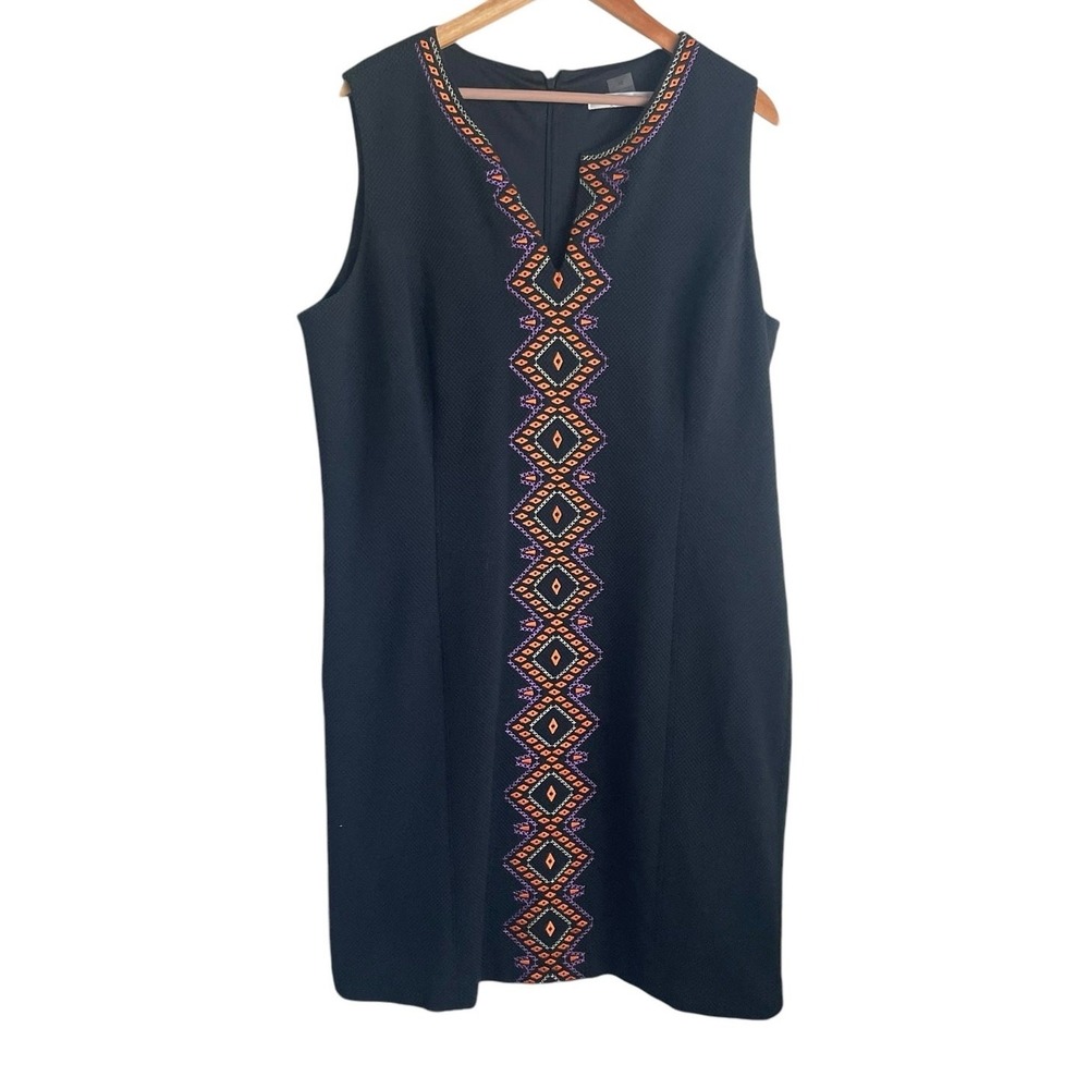 Peter Nygard Women Boho Chic Shift Dress 16 Black Geometric Embroidered Textured
